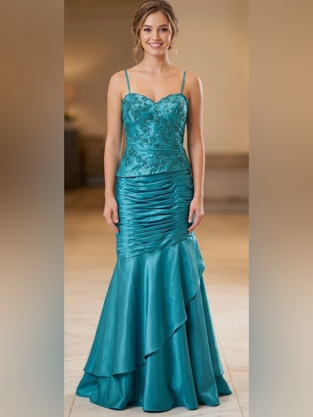 BELLEZA by SAVOY’S  size 4 Teal Beaded Spaghetti-Strap Evening Gown